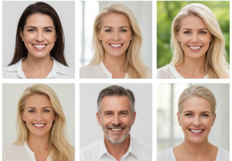 Collage ou mosaïque de visages souriants et satisfaits, illustrant des hommes et des femmes de différents âges, fiers de la santé de leurs cheveux.